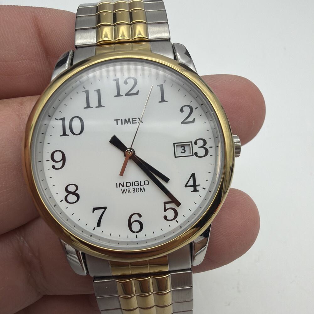 Timex TW2V05600 Mens Watch 35mm Indiglo White Dial Two Tone Stretch Band Date